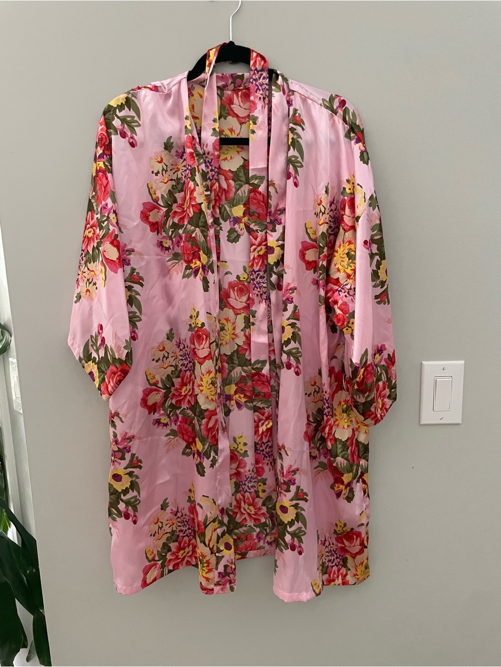 Pink Floral Satin Kimono Robe with Tie Belt